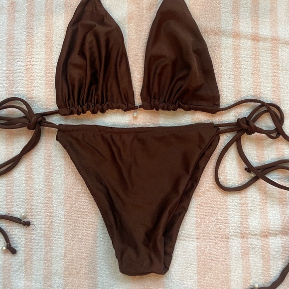 handmade brown bikini set with pearls - Picture 3 of 5